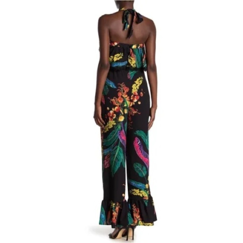 Meghan LA Black Tropical Print Halter Jumpsuit